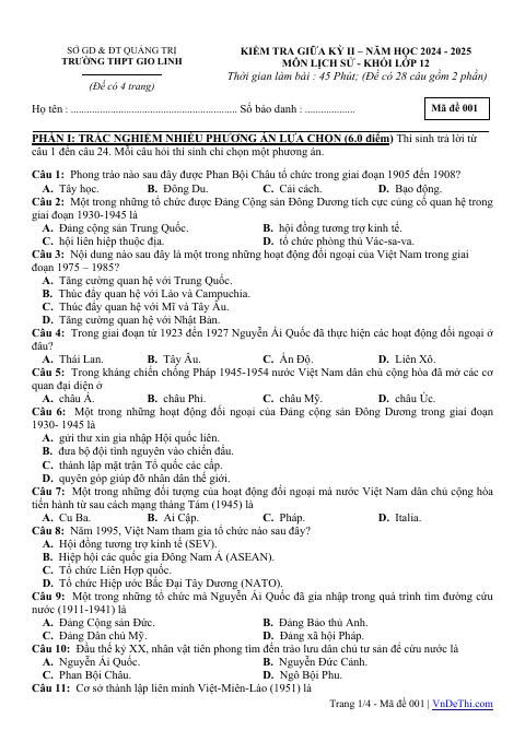 Đề thi Giữa kì 2 Lịch sử 12 năm 2024-2025 trường THPT Gio Linh (Quảng Trị)